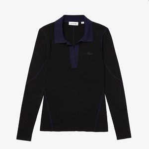 Lacoste Womens Polo Style Open Neck Knit Sweater Navy